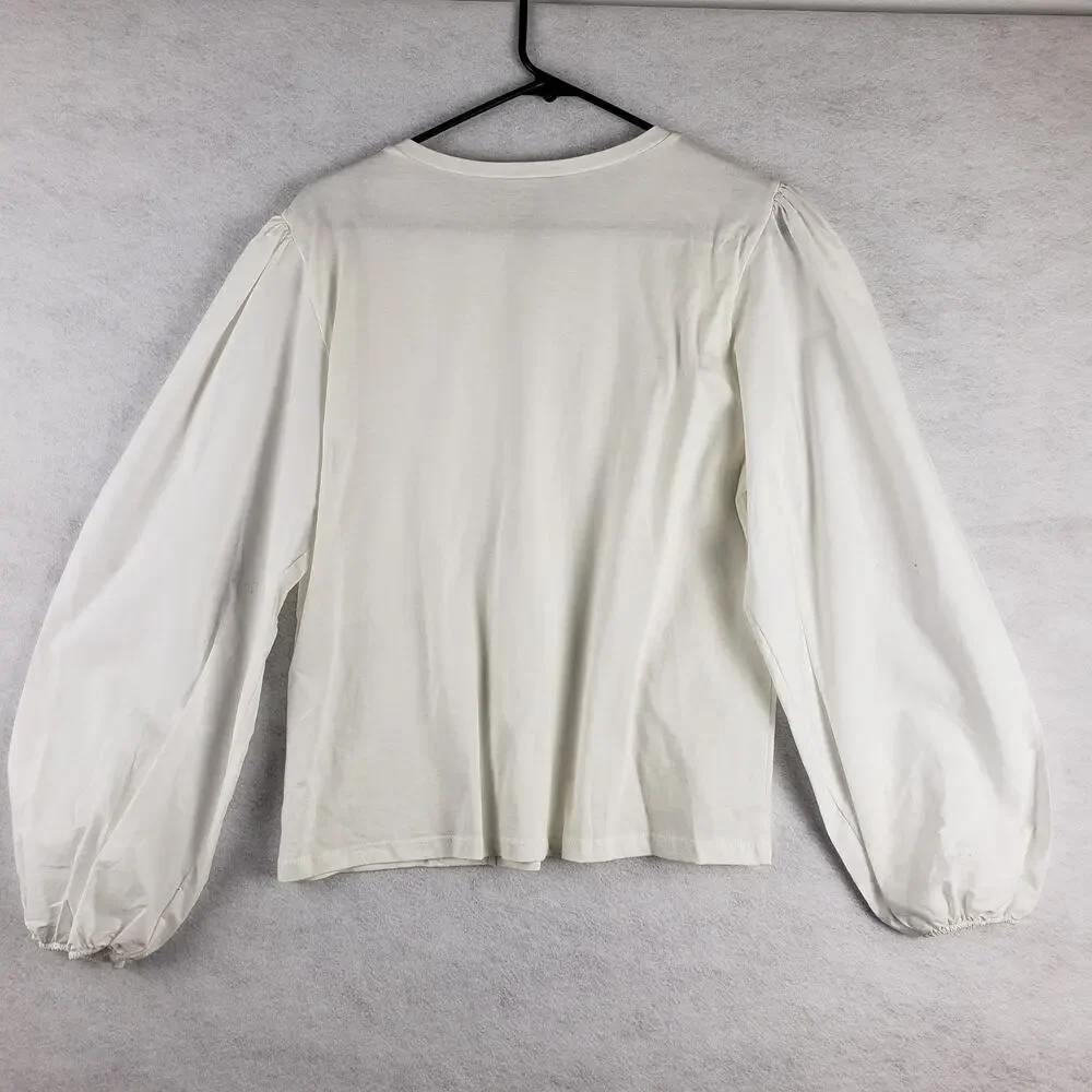 Zara Women's M Long Puff Sleeve Banded Blouse White Coastal Contemporary New‎